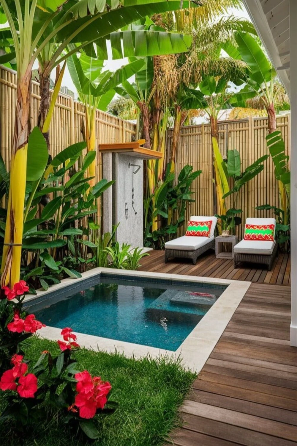 a small backyard pool with palm trees