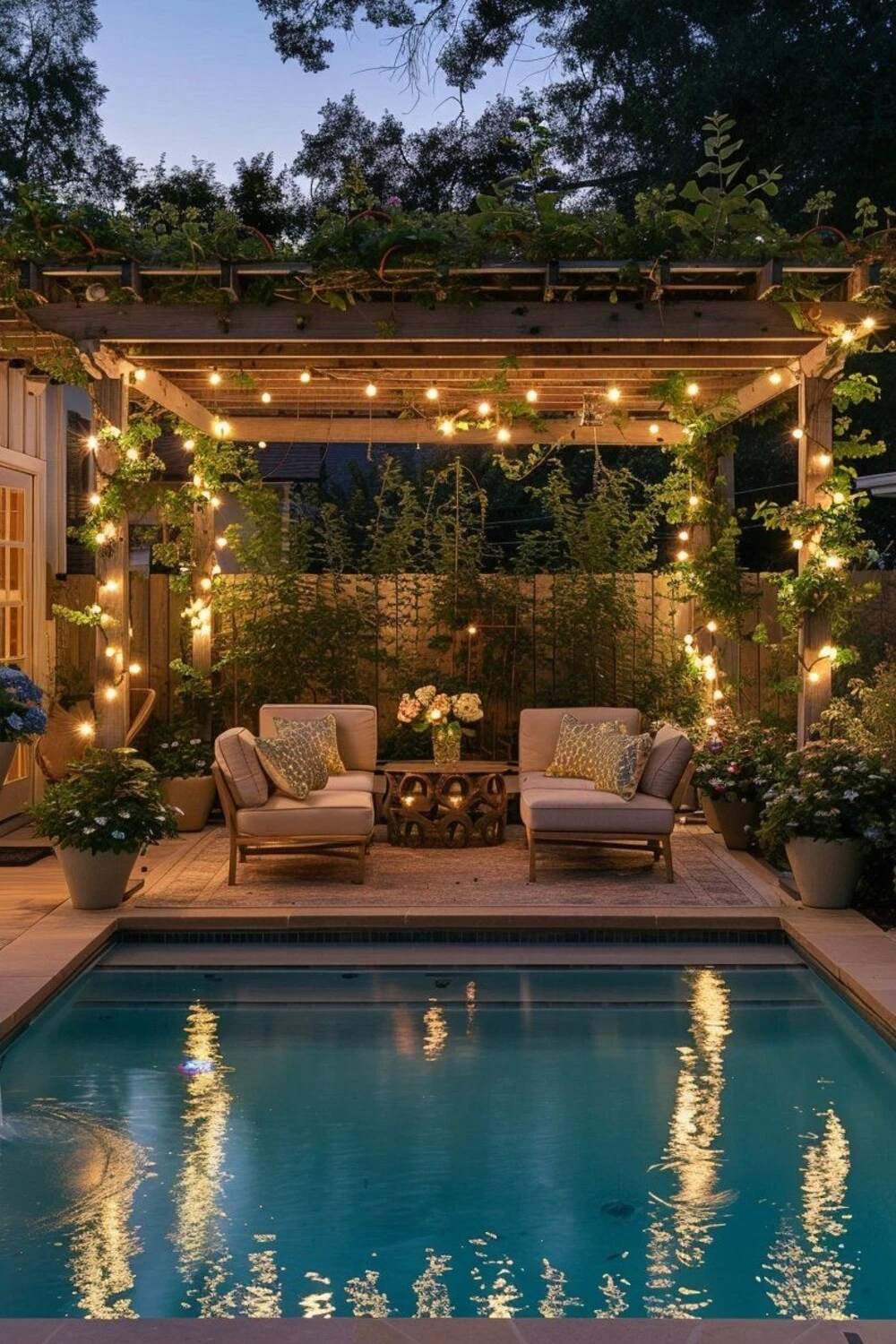 a small backyard pool with pergola